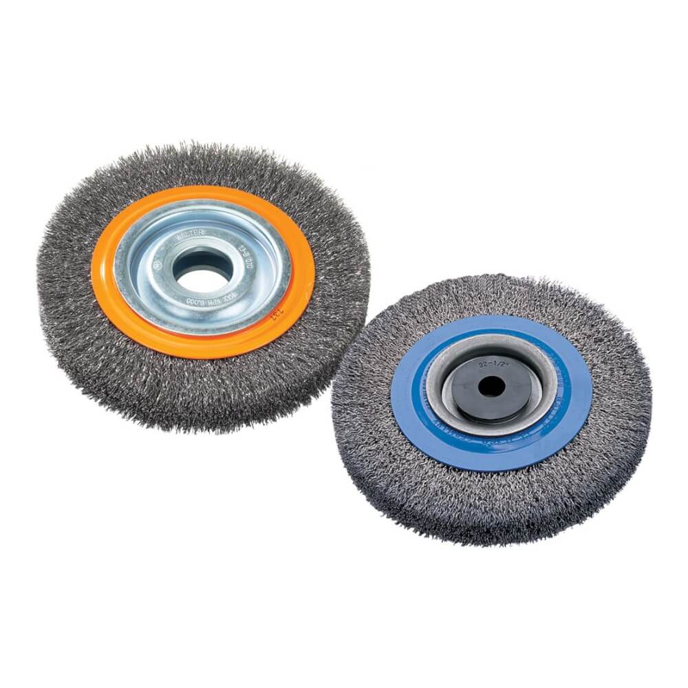 Bench wheel brush with crimped wires