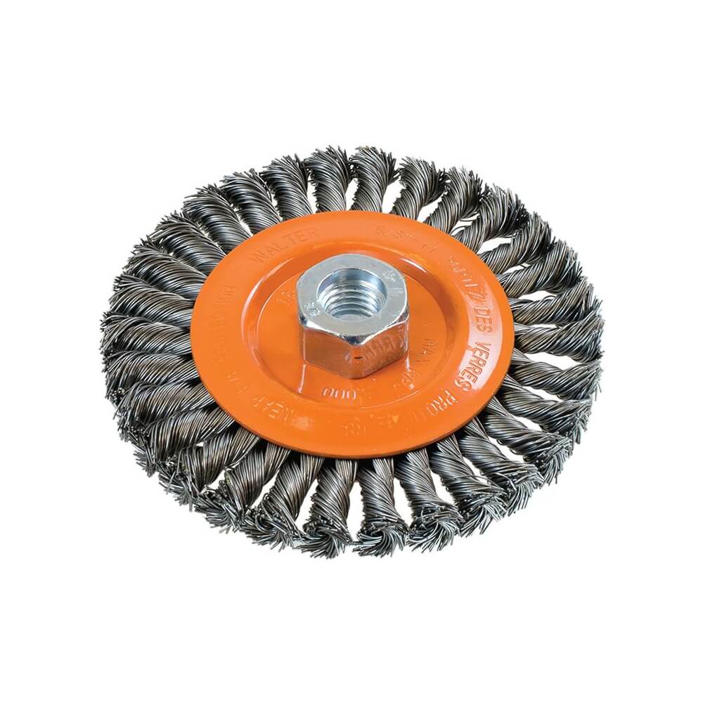 Wide wheel brush with knot-twisted wires