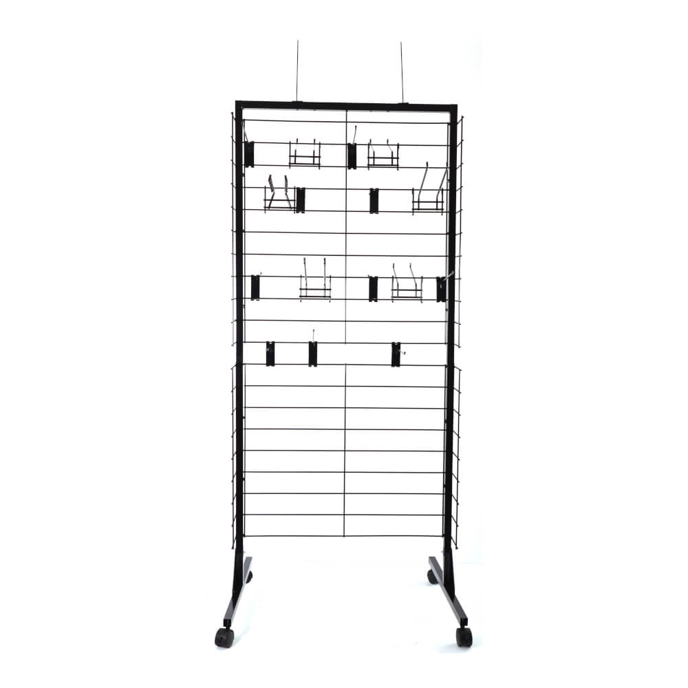 Rolling rack, modular, steel display black, 16 hooks and 2 POP brackets