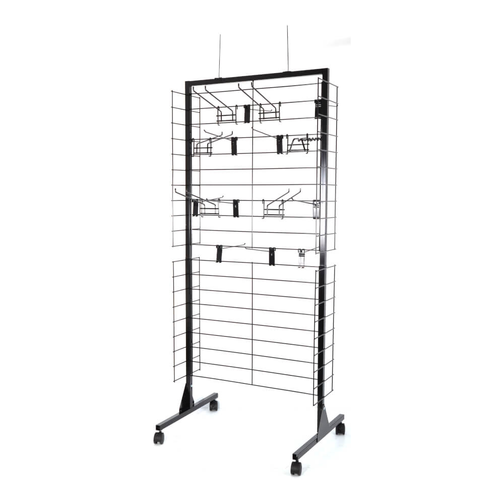 Rolling rack, modular, steel display black, 16 hooks and 2 POP brackets