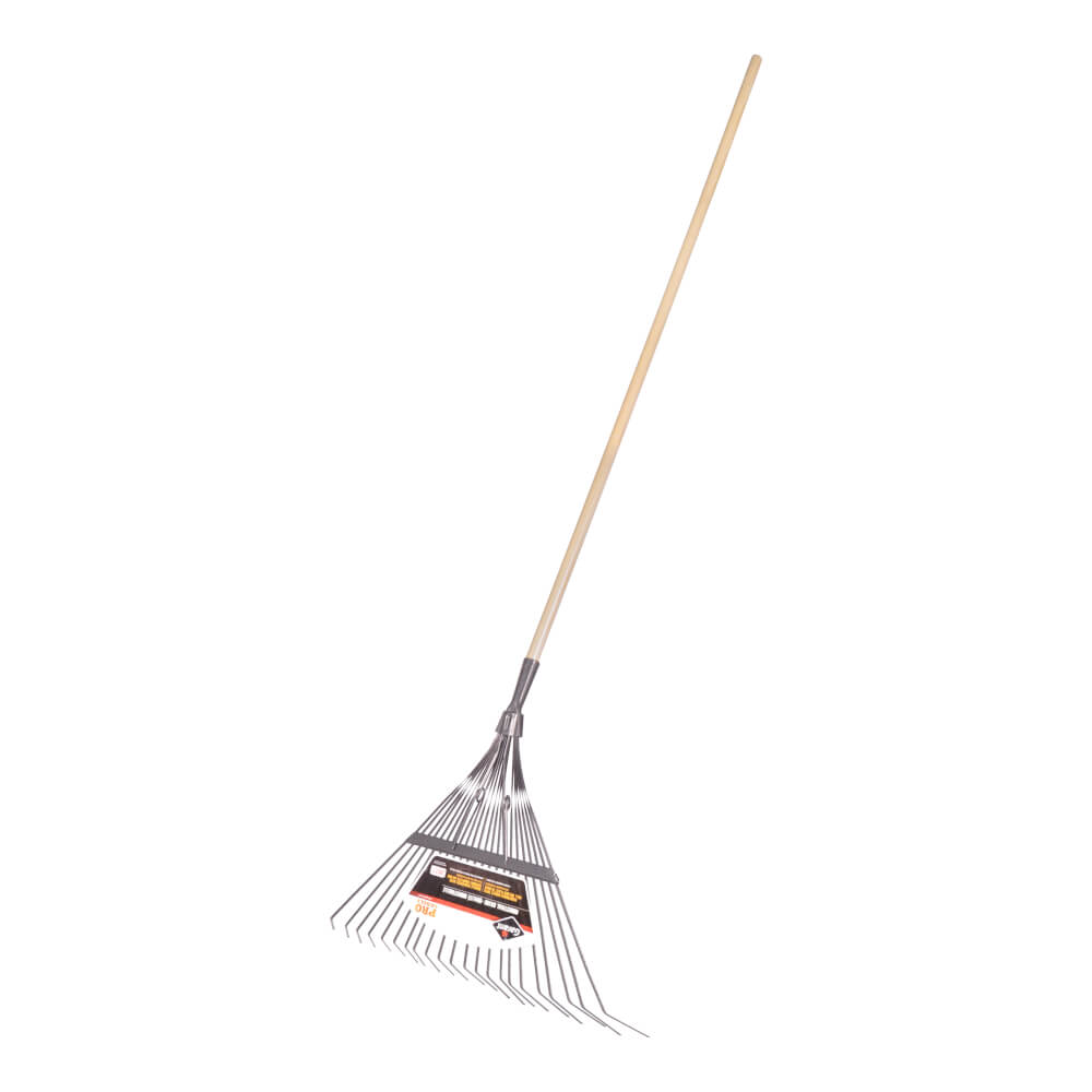 Springback lawn rake, 22 tines, industrial grade, wooden hdle