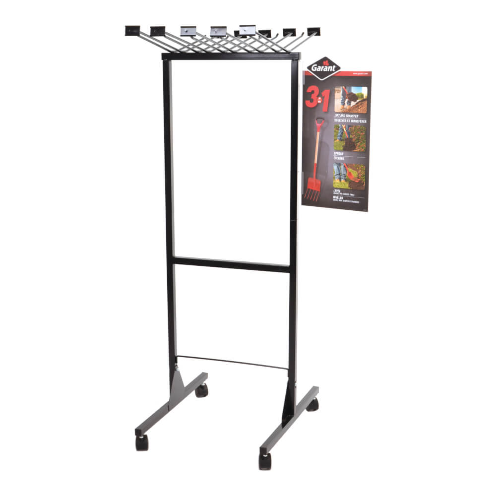 Rolling rack, steel display, black with 10 hooks and POP, Garant